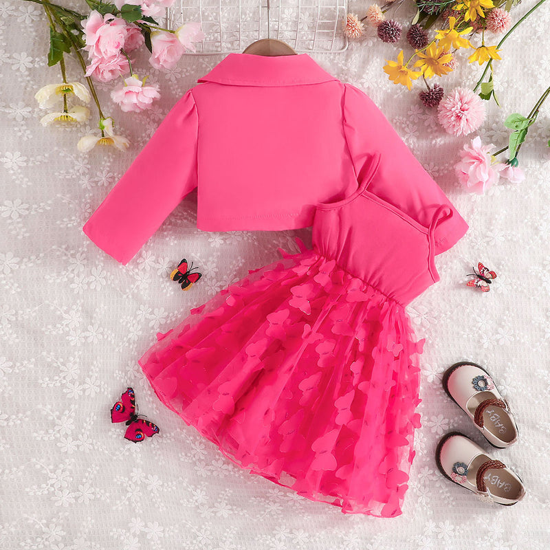 Girls Dark Pink Solid Blazer Shrug With Butterfly Applique Tulle Overlay Fit And Flared Dress Casual Dresses