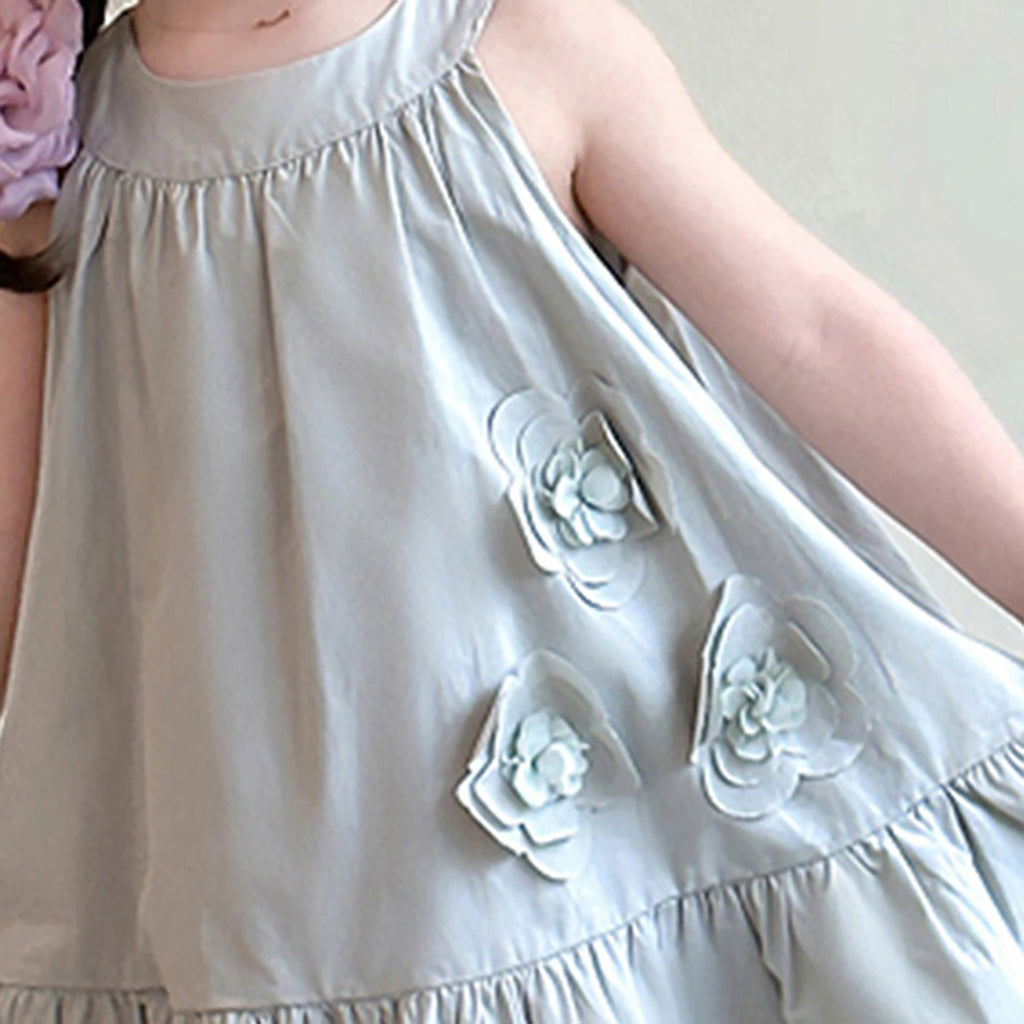 Girls Blue Flowers Applique Sleeveless Summer A-line Dress Casual Dresses