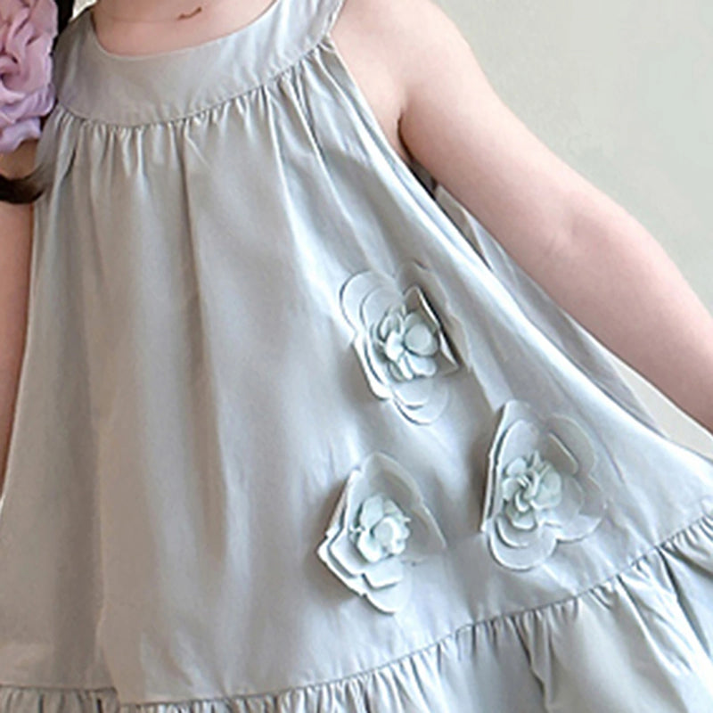 Girls Blue Flowers Applique Sleeveless Summer A-line Dress Casual Dresses