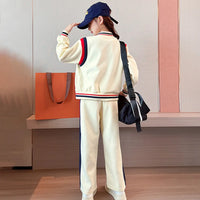 Girls Cream R Letter Printed Varsity Jacket With Pants Co-ord Sets Sets