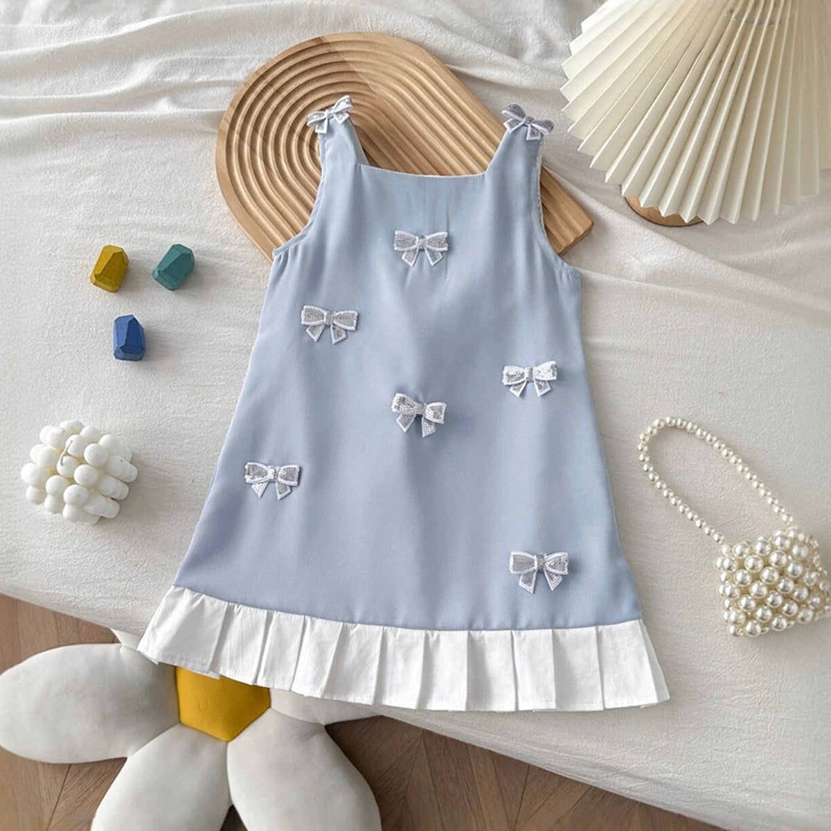 Girls Light Blue Bow Applique Sleeveless A-line Dress Casual Dresses Light Blue 1-2 Y