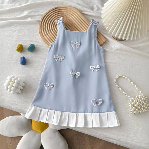 Girls Light Blue Bow Applique Sleeveless A-line Dress Casual Dresses Light Blue 1-2 Y