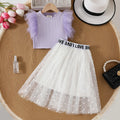 Girls Purple Crop Top With Polka Dot Printed Tulle Overlay Skirts Set Sets Purple 3-4 Y