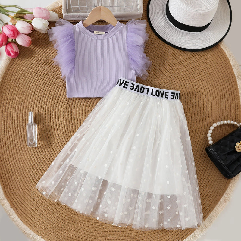 Girls Purple Crop Top With Polka Dot Printed Tulle Overlay Skirts Set Sets Purple 3-4 Y