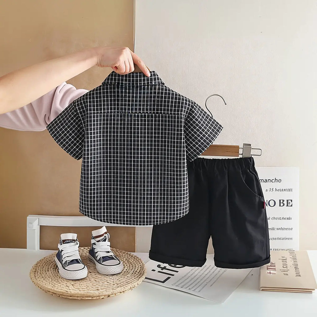 Boys Black Checked Button-Down Shirt With Shorts Sets Sets