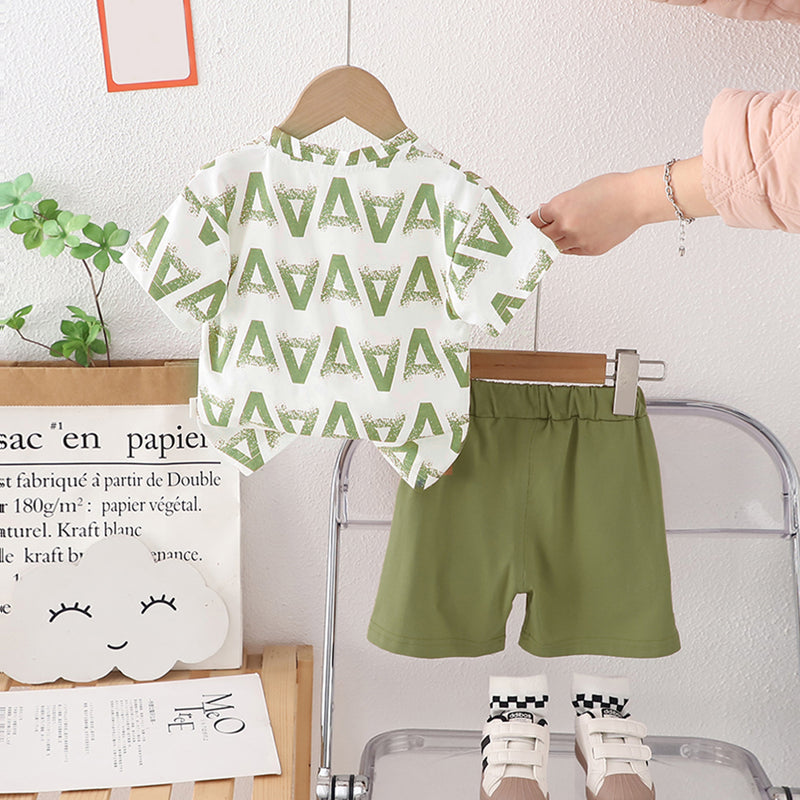 Boys Green Printed Short Sleeves T-Shirt With Contrast Patch Pocket And Shorts Set 2 pc. Sets