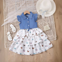 Girls White Butterfly Printed Sleeveless Layered Dress With Shrug Casual Dresses White 3-4 Y