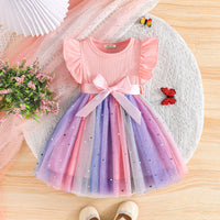 Girls Peach Star Printed Flutter Sleeves Dress Casual Dresses Peach 1-2 Y