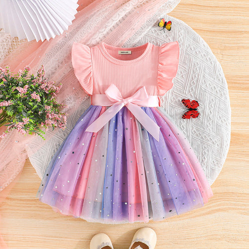 Girls Peach Star Printed Flutter Sleeves Dress Casual Dresses Peach 1-2 Y