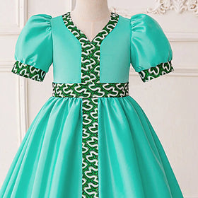 Girls Teal Puff Sleeves Fit & Flare Dress With Printed Trims Casual Dresses