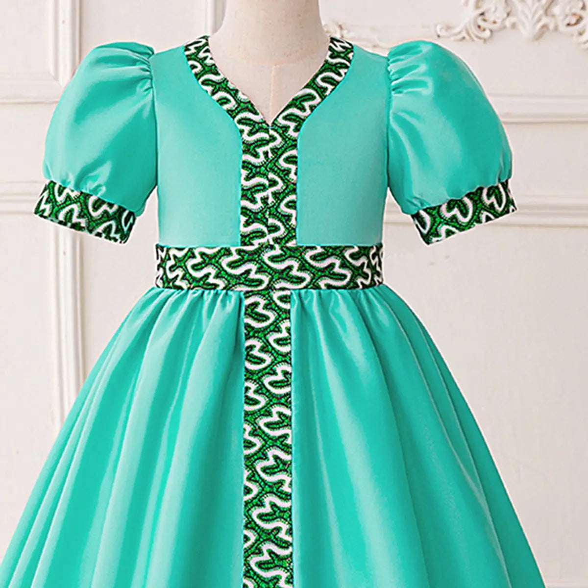 Girls Teal Puff Sleeves Fit & Flare Dress With Printed Trims Casual Dresses
