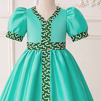 Girls Teal Puff Sleeves Fit & Flare Dress With Printed Trims Casual Dresses