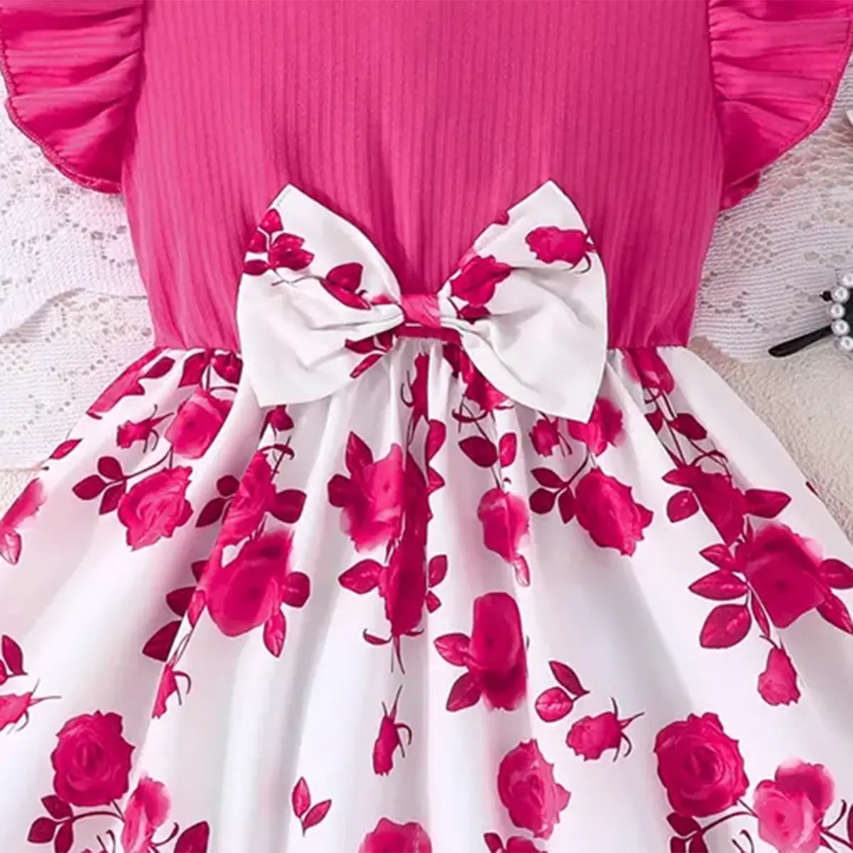 Girls Magenta Floral Printed Fit & Flare Dress With Flutter Sleeves Casual Dresses