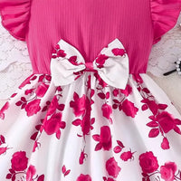 Girls Magenta Floral Printed Fit & Flare Dress With Flutter Sleeves Casual Dresses
