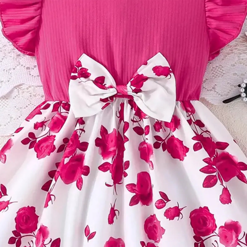 Girls Magenta Floral Printed Fit & Flare Dress With Flutter Sleeves Casual Dresses