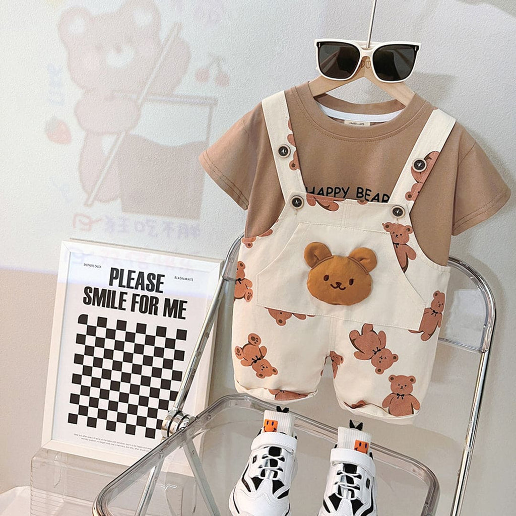 Boys Brown Teddy Print T-shirt with Dungaree Set Sets Brown 1-2 Y 