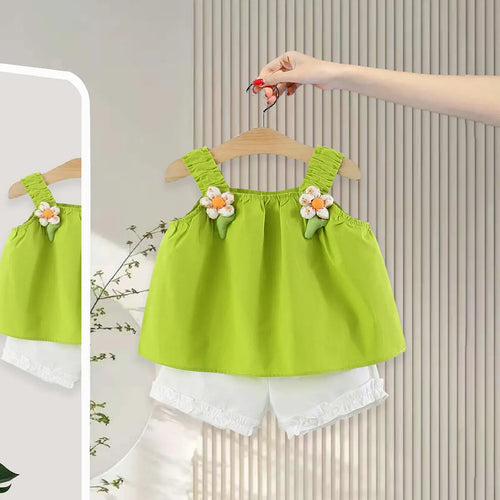 Girls Green Flower Applique Top With Shorts Sets Sets Green 1-2 Y