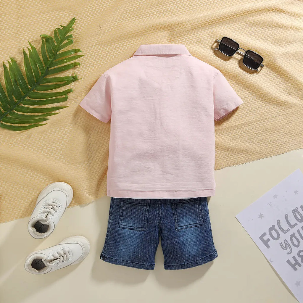 Boys Lilac Tropical Embroidered Short Sleeve Shirt With T-Shirt And Shorts Set 3 pc. Sets
