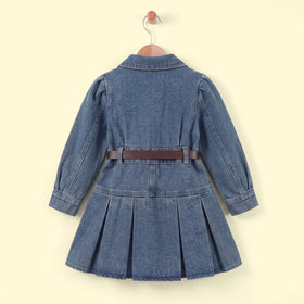 Girls Blue Denim Pleated A-line Dress Casual Dresses