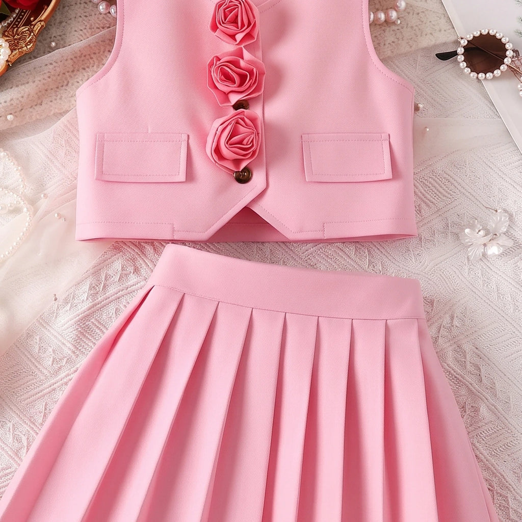 Girls Pink Rose Applique Sleeveless Top with Pleated Skirt Sets 2 pc. Sets