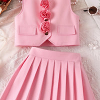 Girls Pink Rose Applique Sleeveless Top with Pleated Skirt Sets 2 pc. Sets
