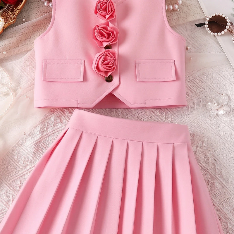 Girls Pink Rose Applique Sleeveless Top with Pleated Skirt Sets 2 pc. Sets