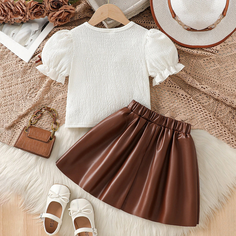 Girls White Textured Bow Applique Top With Faux Leather Skirts Set Sets