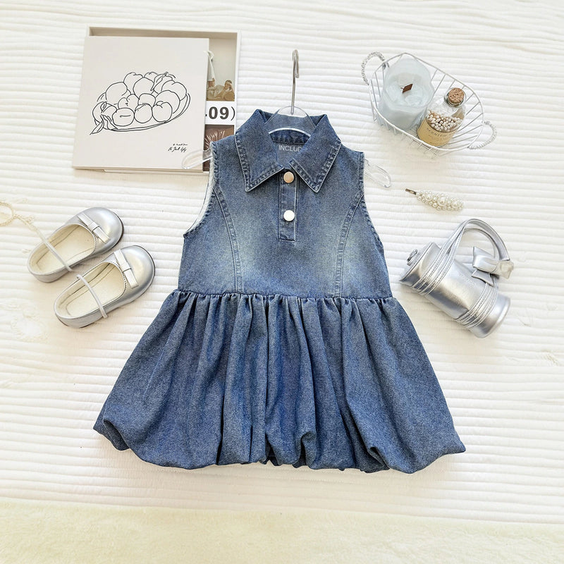 Girls Blue Sleeveless Bubble Hem Denim Dress Casual Dresses Blue 1-2 Y