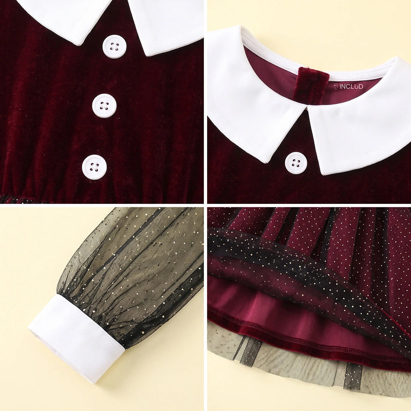 Girls Maroon Glitter Print Long Sleeve Fit & Flare Dress Casual Dresses
