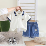 Boys White Striped Collar Polo T-Shirt With Denim Shorts Set