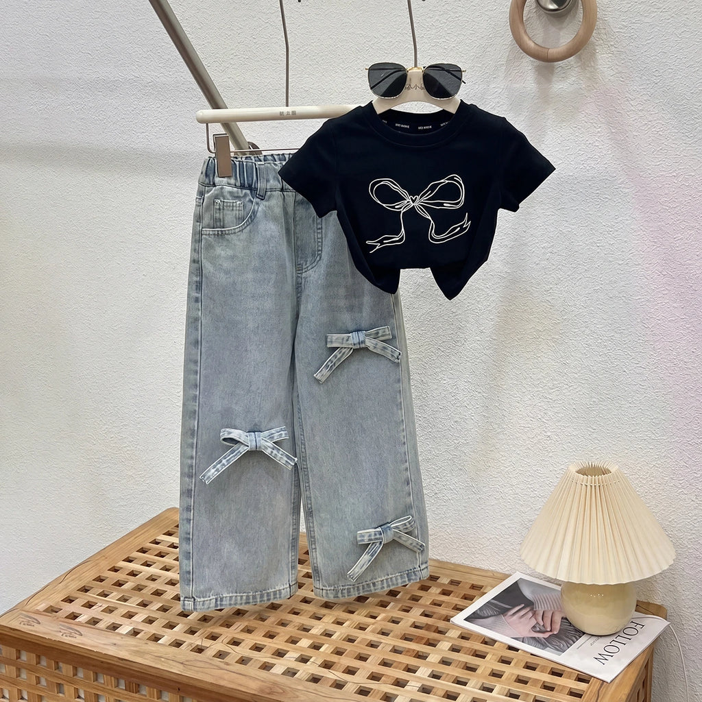 Girls Black Bow Print Short Sleeve T-Shirt With Denim Jeans Sets 2 pc. Sets Black 2-3 Y