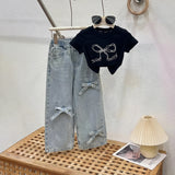 Girls Black Bow Print Short Sleeve T-Shirt With Denim Jeans Sets