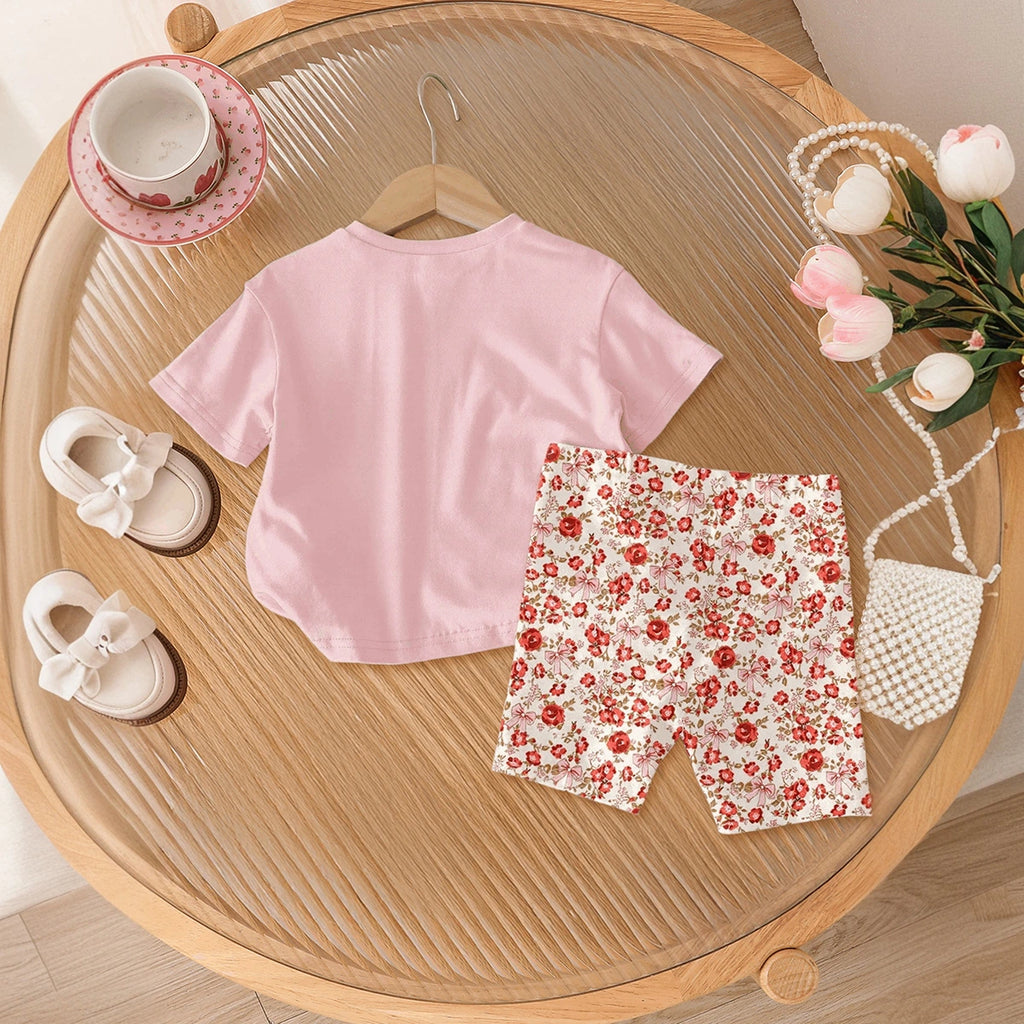 Girls Light Pink Floral Print Short Sleeve T-Shirt With Shorts Sets 2 pc. Sets