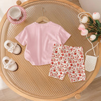Girls Light Pink Floral Print Short Sleeve T-Shirt With Shorts Sets 2 pc. Sets