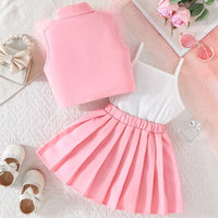 Girls Pink Embellished Ruffled Blazer Vest With Pleated Skirt & Camisole Top Sets Sets