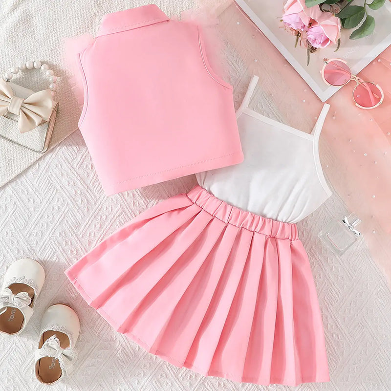 Girls Pink Embellished Ruffled Blazer Vest With Pleated Skirt & Camisole Top Sets Sets