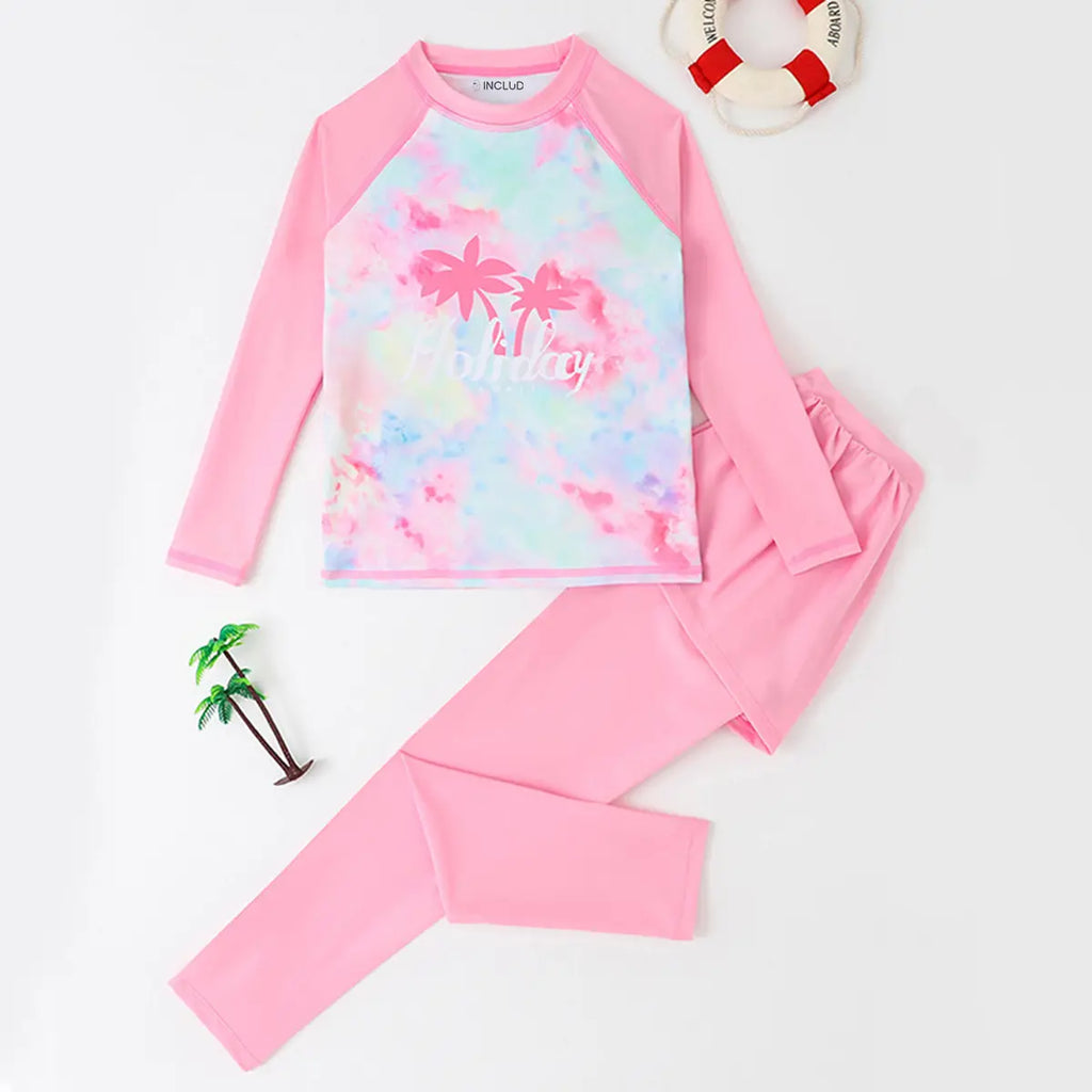 Girls Pink Tropical Print T-Shirt With Skirted Legging Swimwear Sets Beachwear Pink 7-8 Y