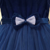 Girls dark blue high-low party dress with velvet bodice