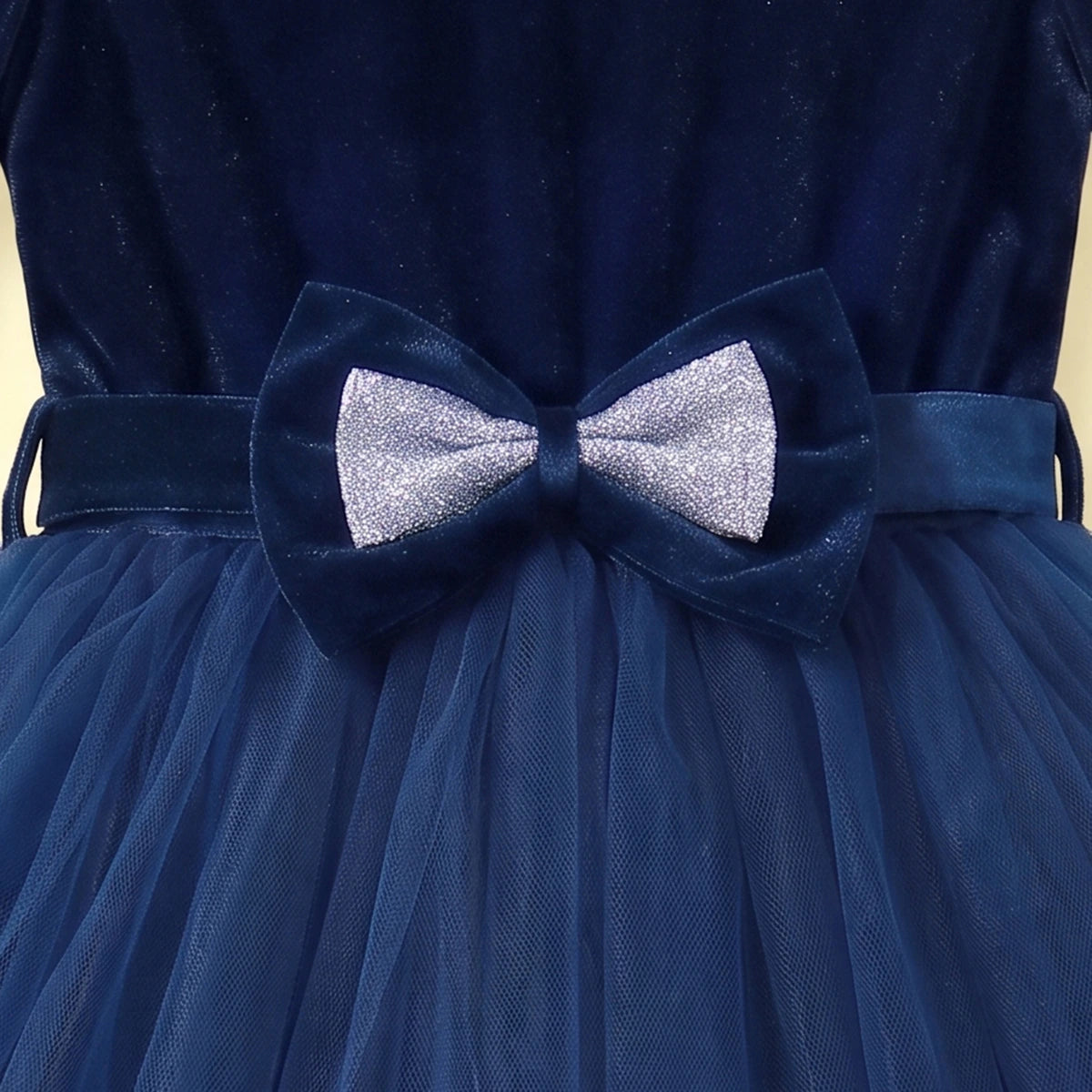 Girls dark blue high-low party dress with velvet bodice
