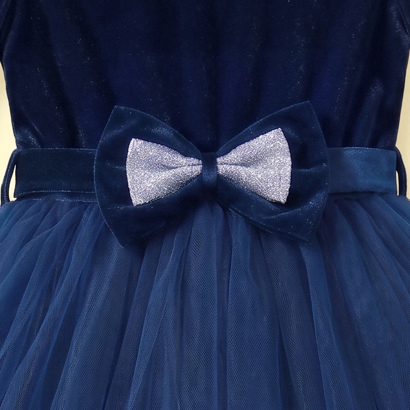 Girls dark blue high-low party dress with velvet bodice