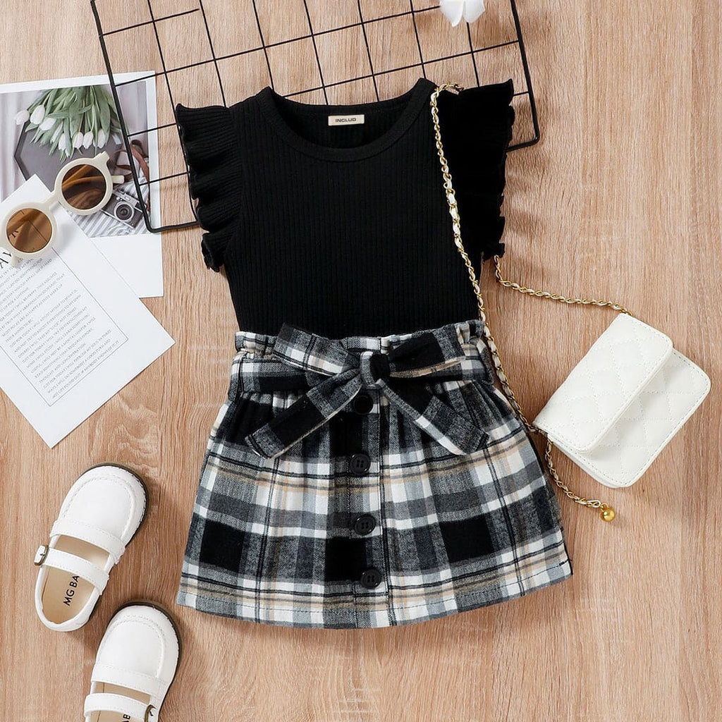 Girls Short Sleeve Top With Check Skirt And Belt
