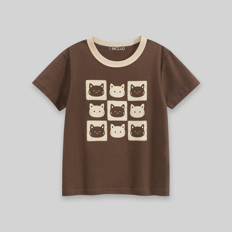 Boys Brown Cat Print Short Sleeve T-Shirt Tshirts
