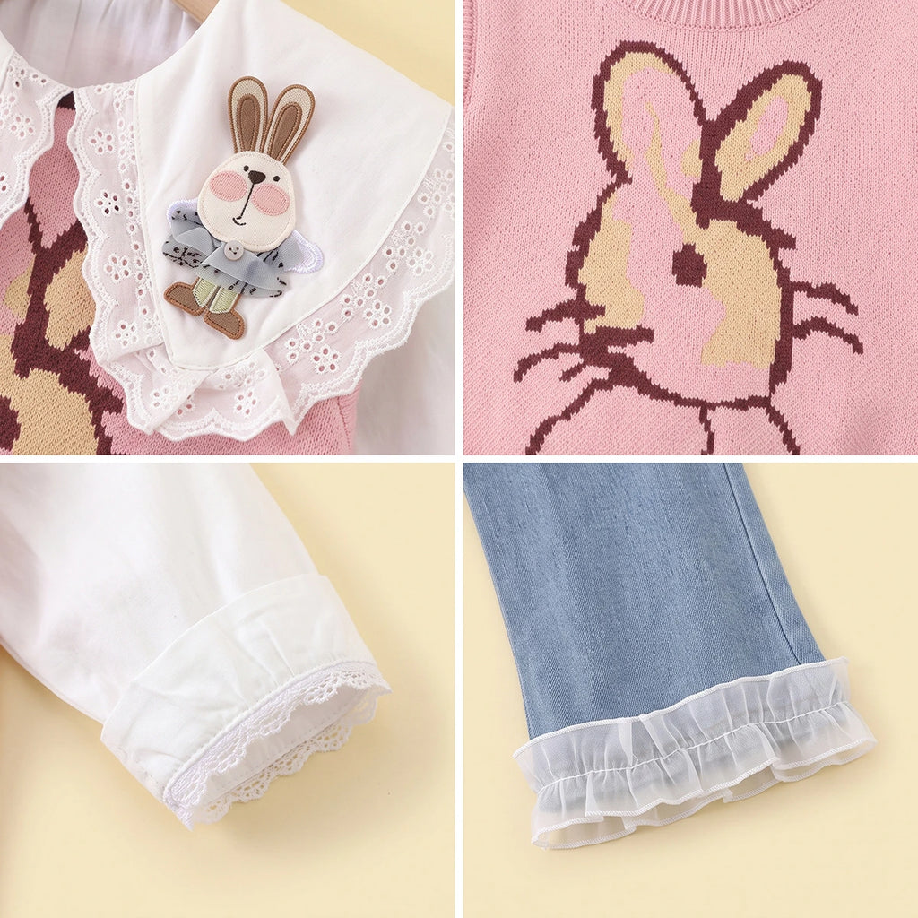 Girls Pink Jacquard Sweater vest With Top And Denim Pants Sets 3 pc. Sets