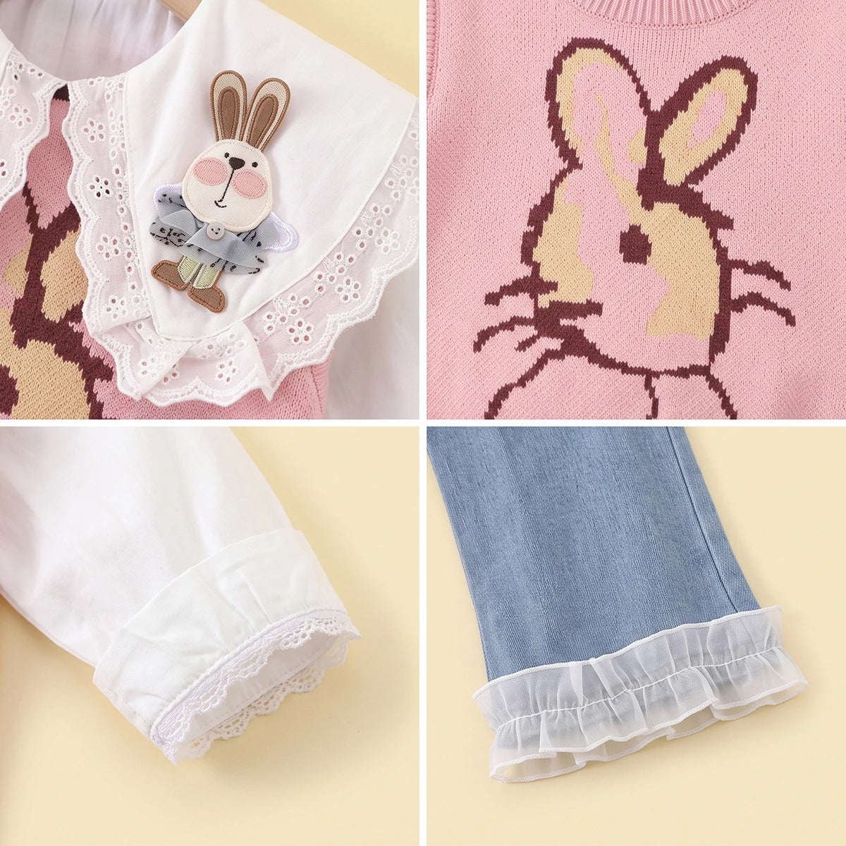 Girls Pink Jacquard Sweater vest With Top And Denim Pants Sets 3 pc. Sets