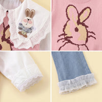 Girls Pink Jacquard Sweater vest With Top And Denim Pants Sets 3 pc. Sets