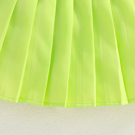 Girls Sleeveless Denim Jacket With Camisole Top And Green Pleated Skirt Set 3 pc. Sets