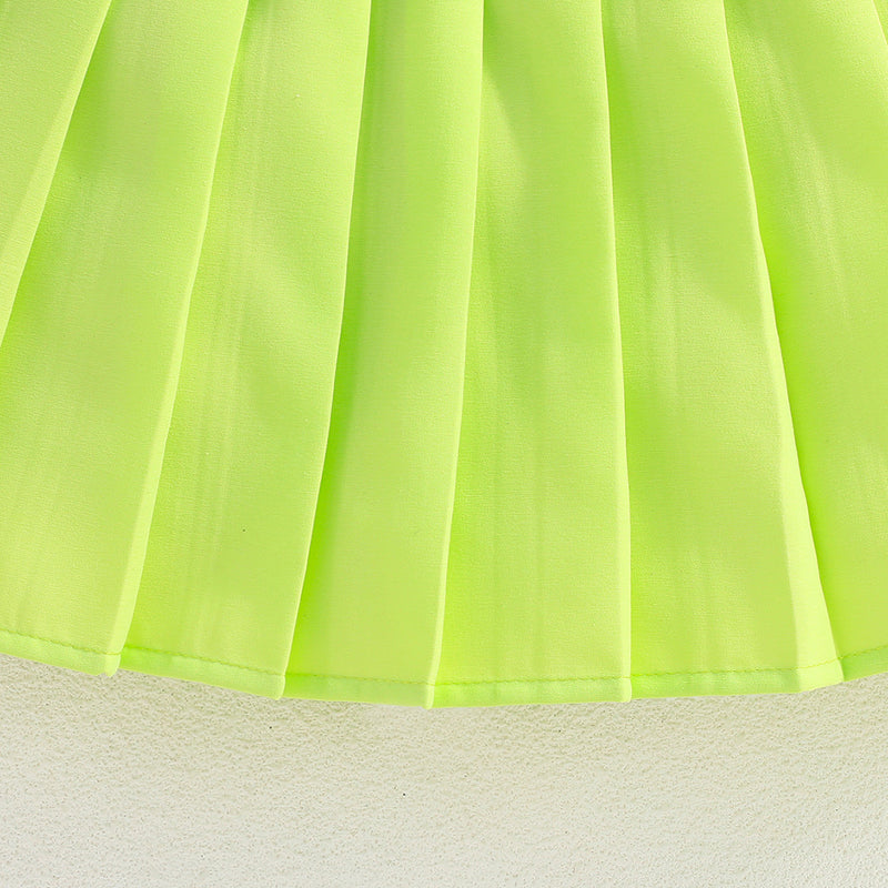 Girls Sleeveless Denim Jacket With Camisole Top And Green Pleated Skirt Set 3 pc. Sets
