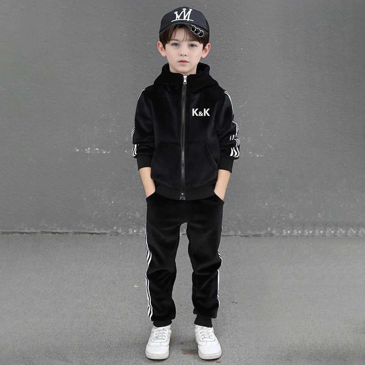 Boys Black Three Side Stripes Hooded Zip-up Jacket With Jogger Sets Sets Black 5-6 Y