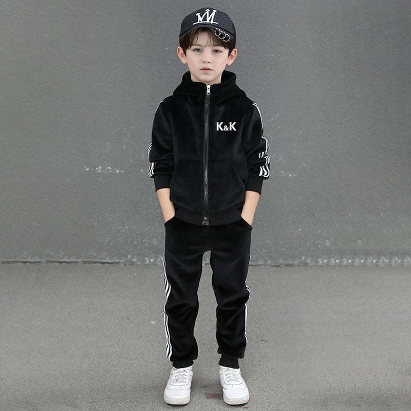 Boys Black Three Side Stripes Hooded Zip-up Jacket With Jogger Sets Sets Black 5-6 Y