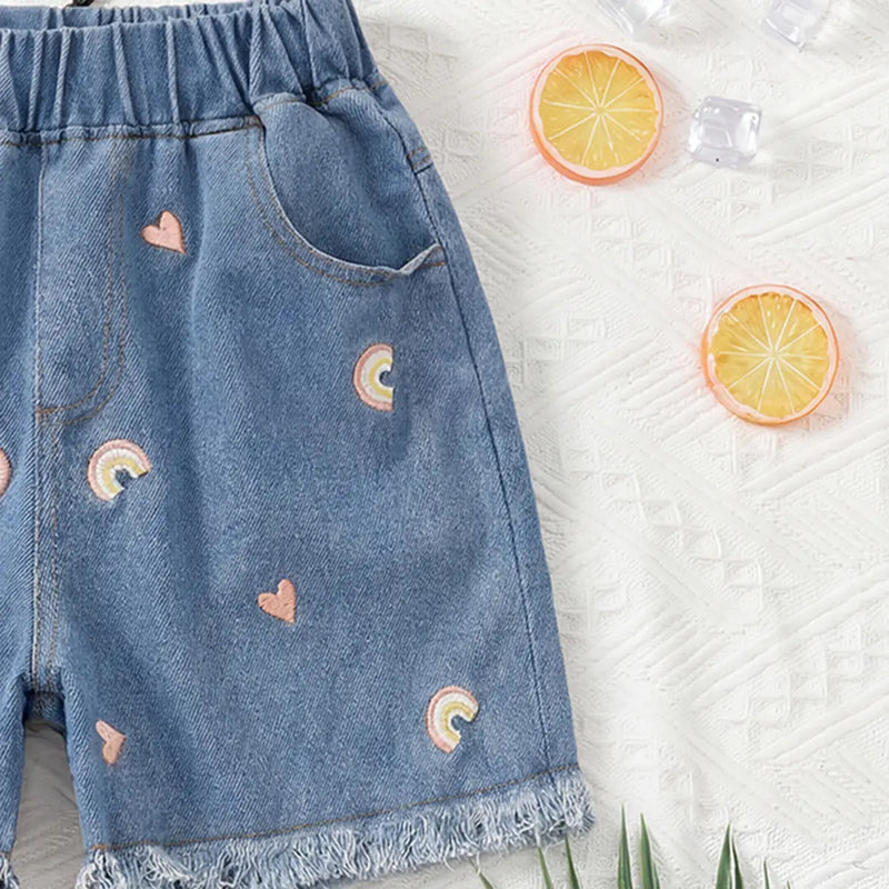 Girls Blue Embroidered Denim Shorts Shorts